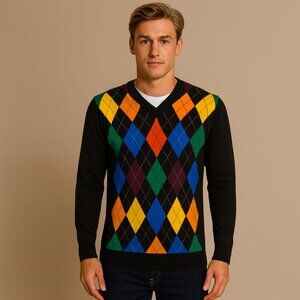 Bugatti Men's V-Neck 100% Cotton Sweater Multicolor Argyle Preppy Size Large